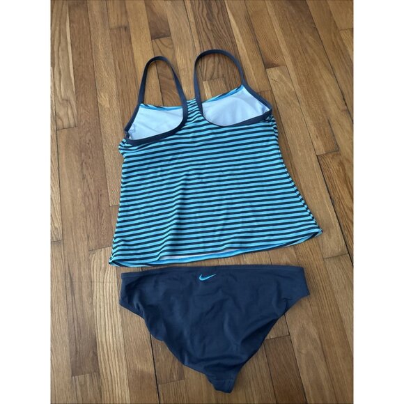 Nike Swimsuit Women’s 2pc Tankini Navy Blue Teal Striped Size L - Picture 3 of 4